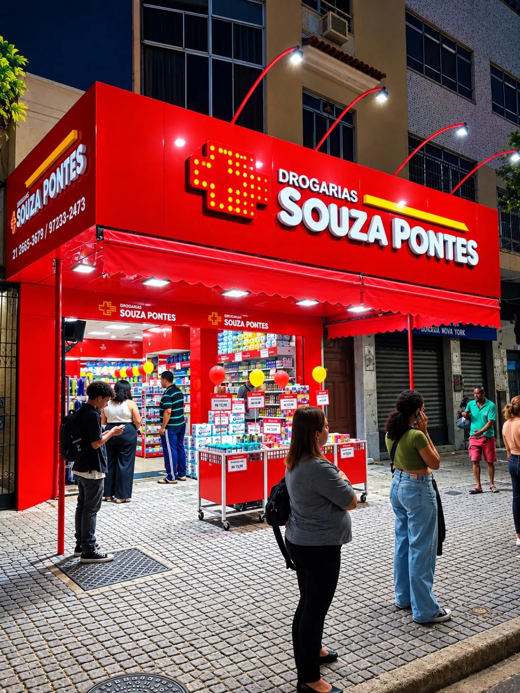 Fachada iluminada da Drogarias Souza Pontes realizada pela Visão Letreiros
